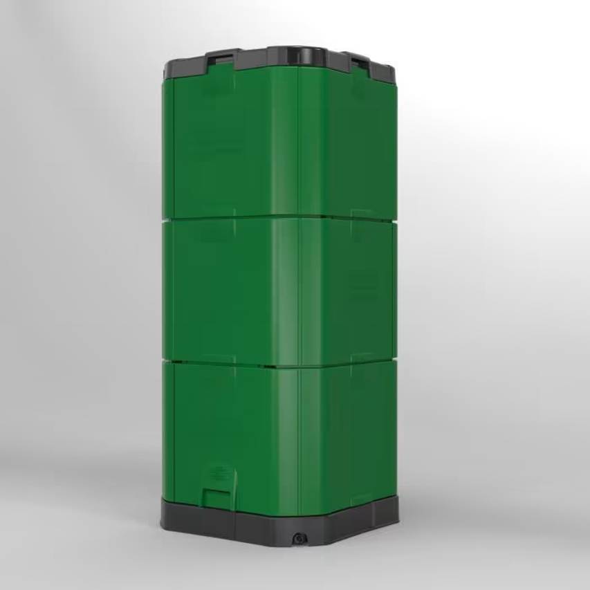 Side view of 600 litre aerobin hot composter in Brunswick green