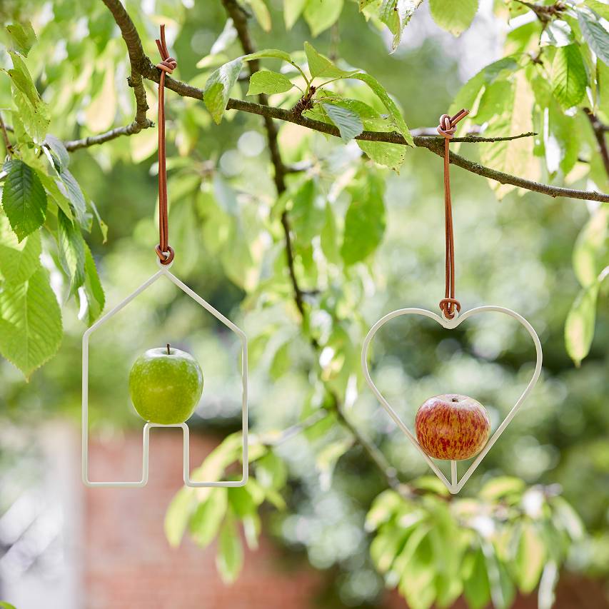 2 apple bird feeders in the shape of a house and heart containing a green and red apple, respectively, hanging from tree branch