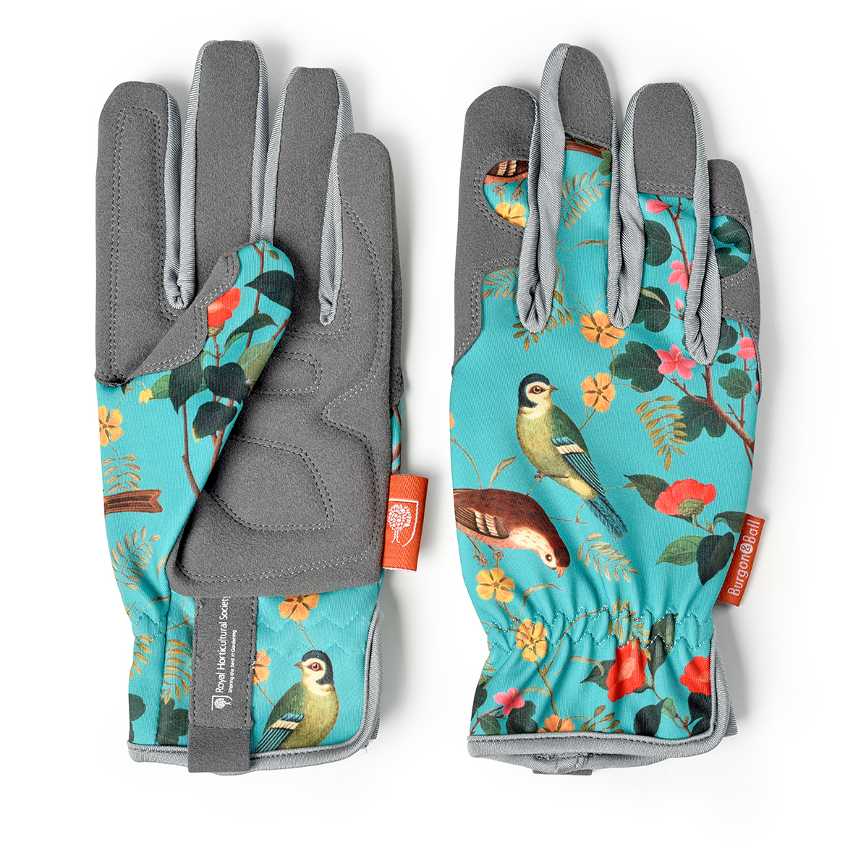 Pair of Burgon and Ball Flora and Fauna gardening gloves showing front and back view