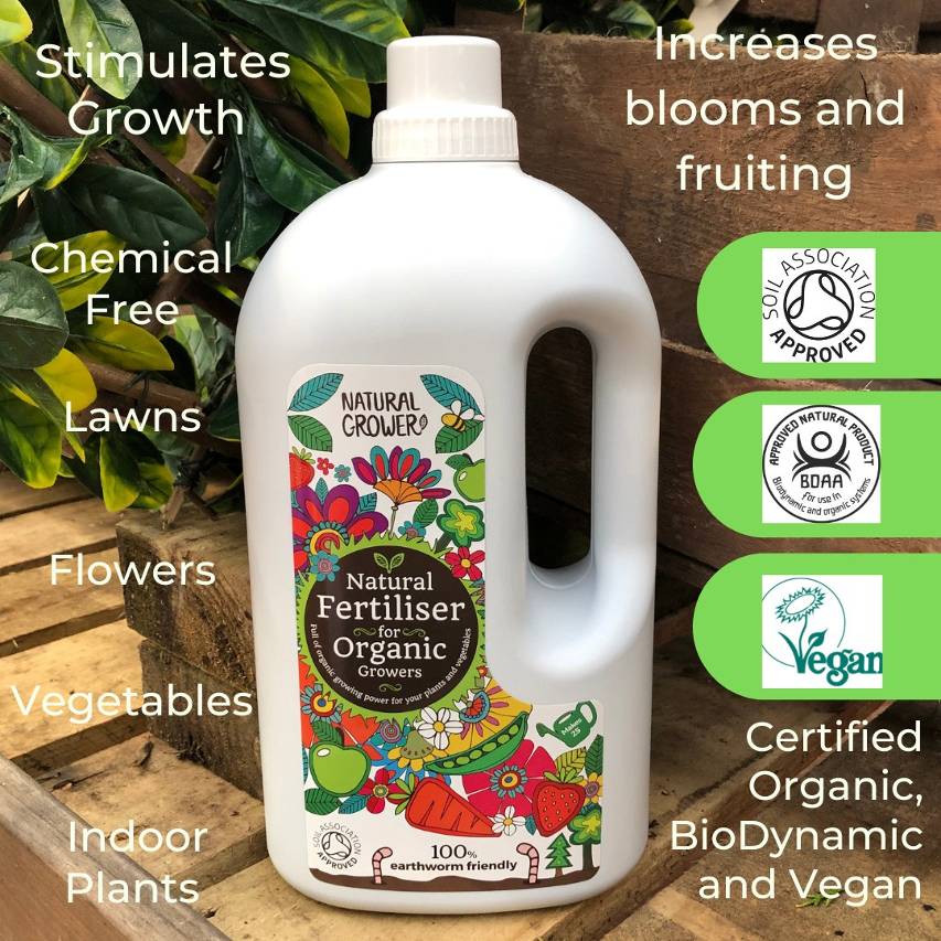 Natural Grower natural liquid fertiliser with benefits listed around it