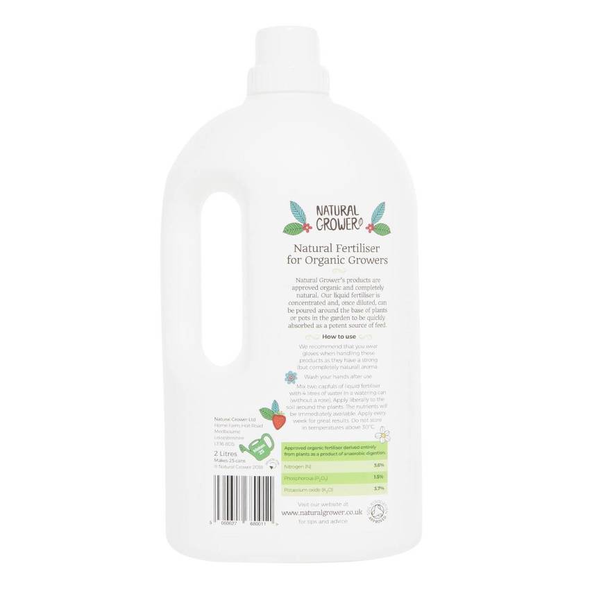 Rear label of Natural Grower natural liquid fertiliser 2 litres