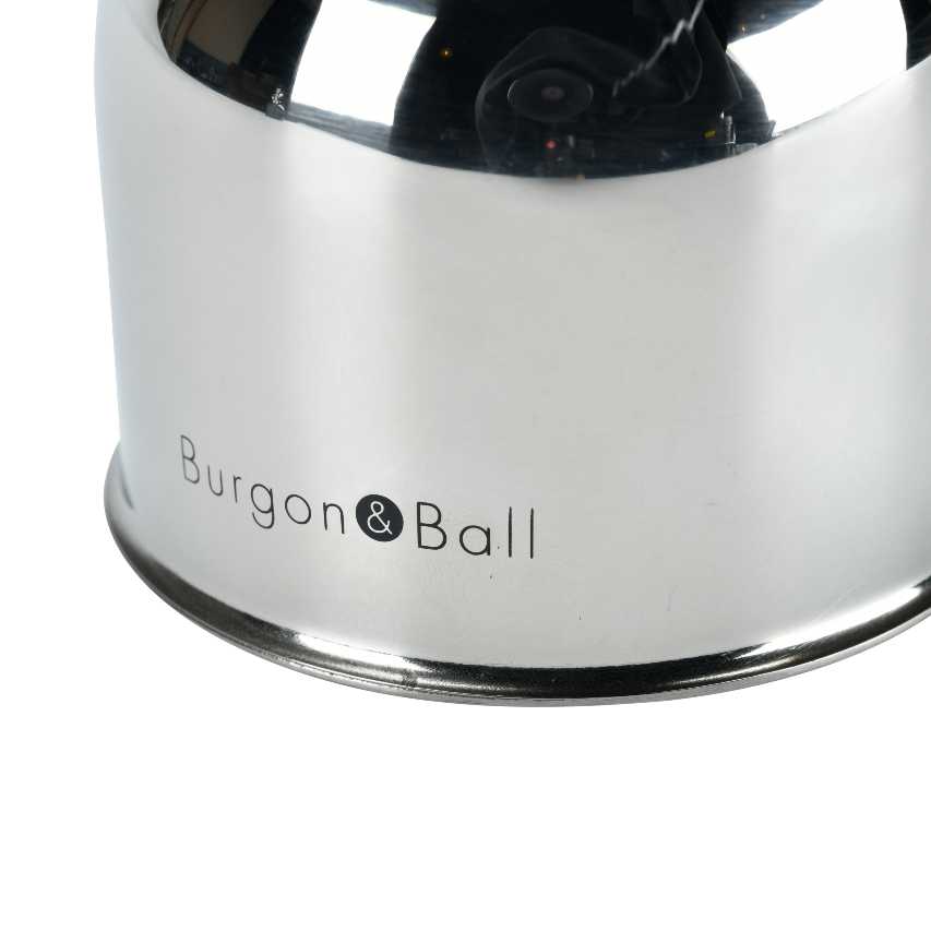 Close up of Burgon and Ball logo at base of stainless steel indoor plant mister