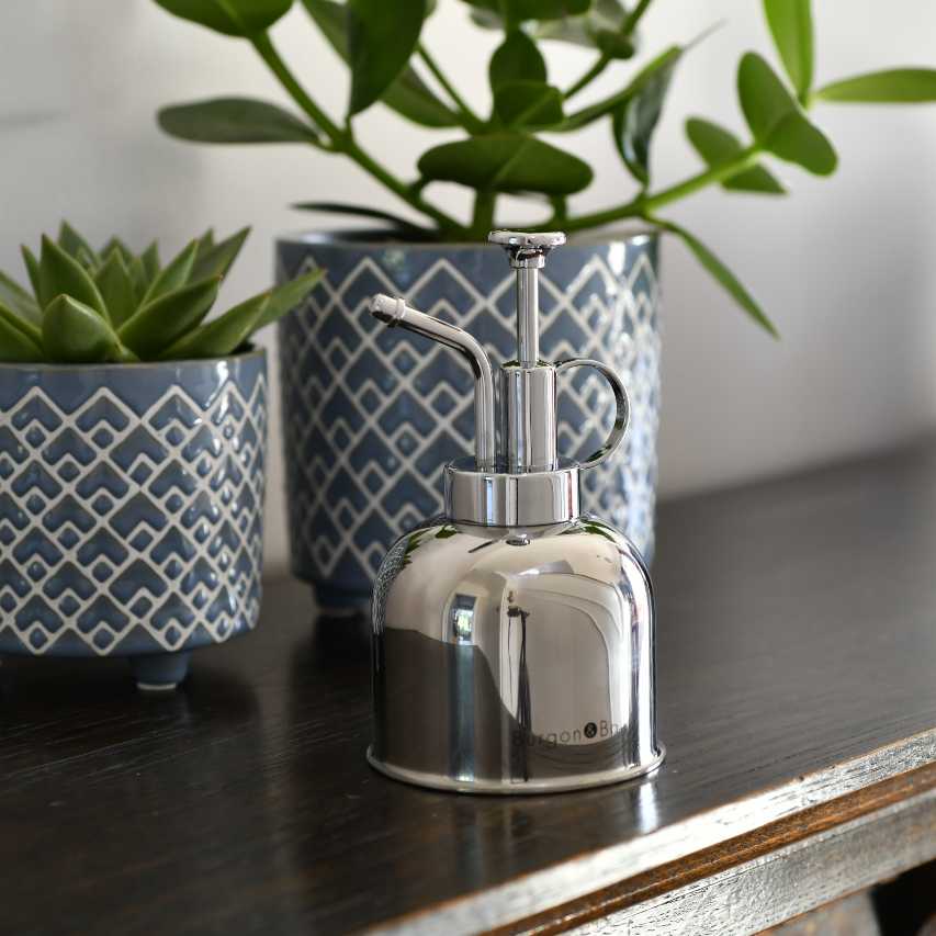 Burgon and Ball stainless steel plant mister on shelf in front of blue indoor plant pots with succulents