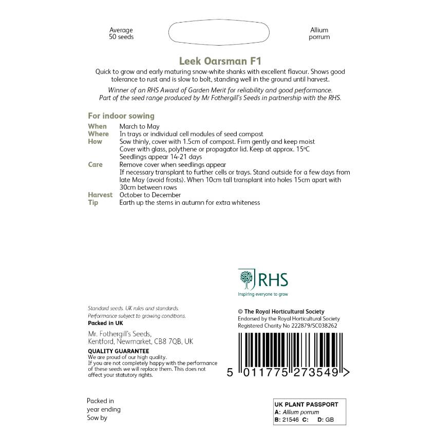 RHS leek Oarsman F1 sowing instructions