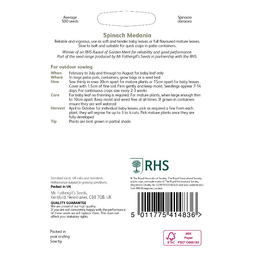 Spinach Medania sowing instructions on back of seed packet