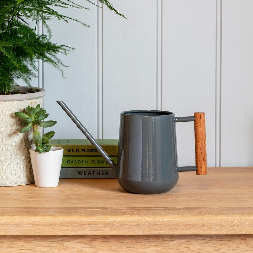 Burgon and Ball indoor watering can in charcoal colour placed on wooden table next to plants and pile of books