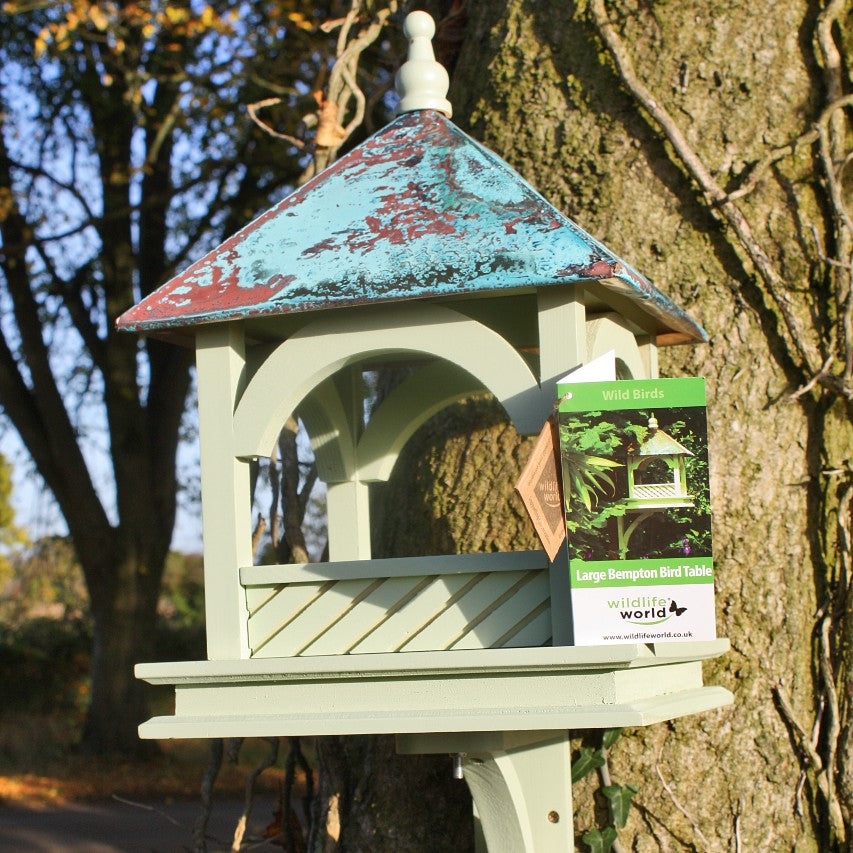 Large Bempton bird table with label attached to tree 
