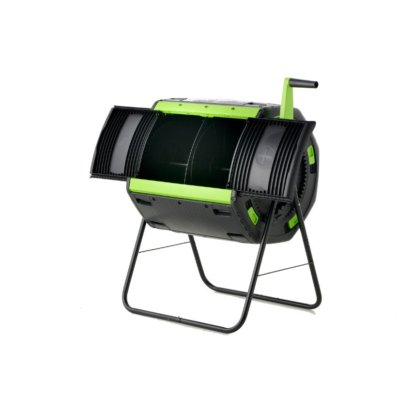 Maze 180 litre compost tumbler with front compartments open